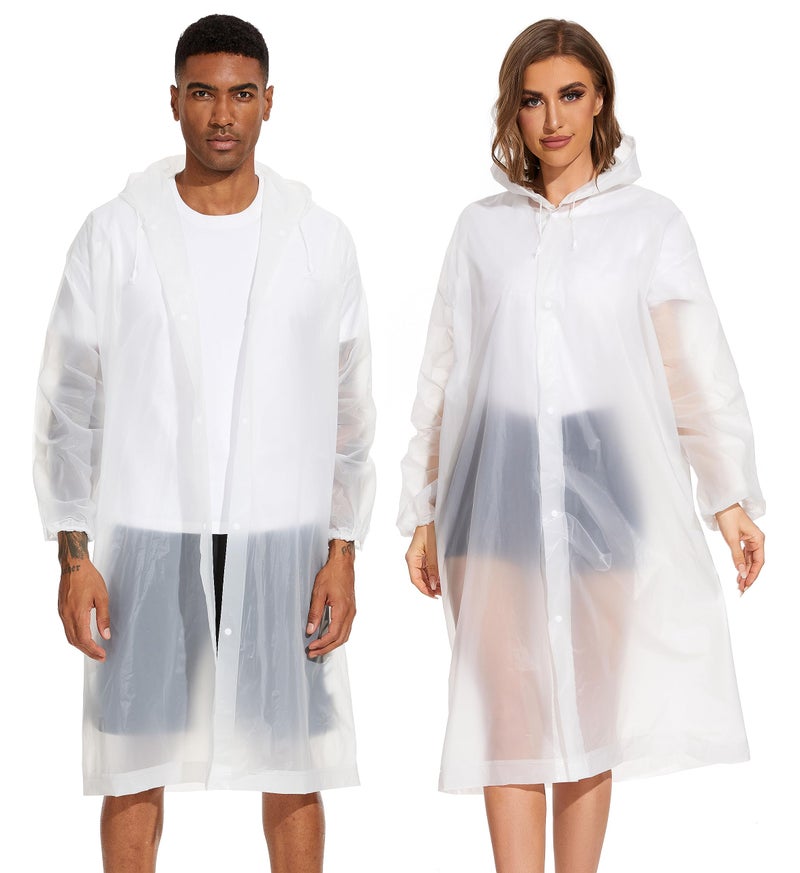 OFFITECTURE 2-Pack Reusable Rain Ponchos for Adults - Hooded Raincoats for Women/Men with Drawstring - White - Image 1