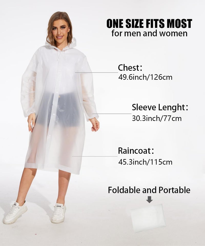 OFFITECTURE 2-Pack Reusable Rain Ponchos for Adults - Hooded Raincoats for Women/Men with Drawstring - White - Image 2