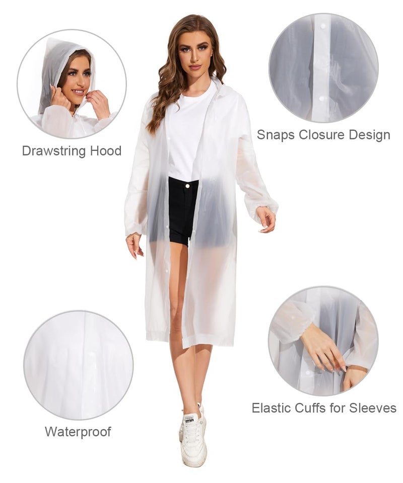 OFFITECTURE 2-Pack Reusable Rain Ponchos for Adults - Hooded Raincoats for Women/Men with Drawstring - White - Image 3