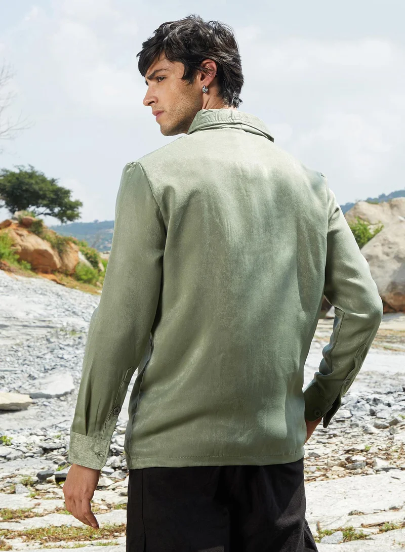 Campus Sutra Campus Sutra Men's Olive Green Shawl Collar Shirt For Casual Wear | Shawl Collar | Long Sleeve | Button Closure | Shirt Crafted With Comfort Fit For Everyday Wear