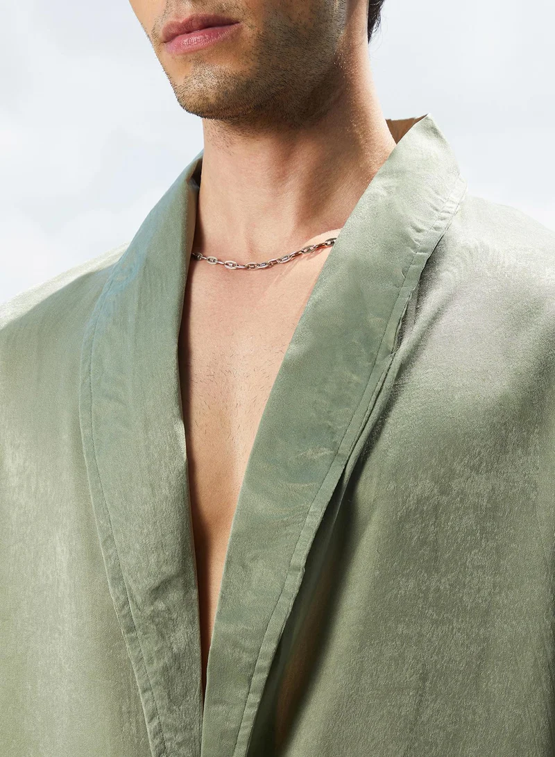 Campus Sutra Campus Sutra Men's Olive Green Shawl Collar Shirt For Casual Wear | Shawl Collar | Long Sleeve | Button Closure | Shirt Crafted With Comfort Fit For Everyday Wear