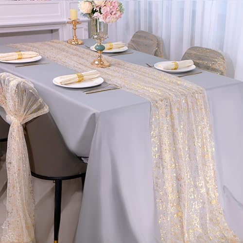 Snowkingdom 6Pcs 10 Ft Gold Table Runners, Sheer Chiffon Tulle Cheesecloth Golden Sequin Glitter Metallic Foil, Gold Party Table Decoration Centerpiece for Wedding Birthday Anniversary Christmas - Image 2