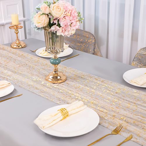 Snowkingdom 6Pcs 10 Ft Gold Table Runners, Sheer Chiffon Tulle Cheesecloth Golden Sequin Glitter Metallic Foil, Gold Party Table Decoration Centerpiece for Wedding Birthday Anniversary Christmas - Image 5