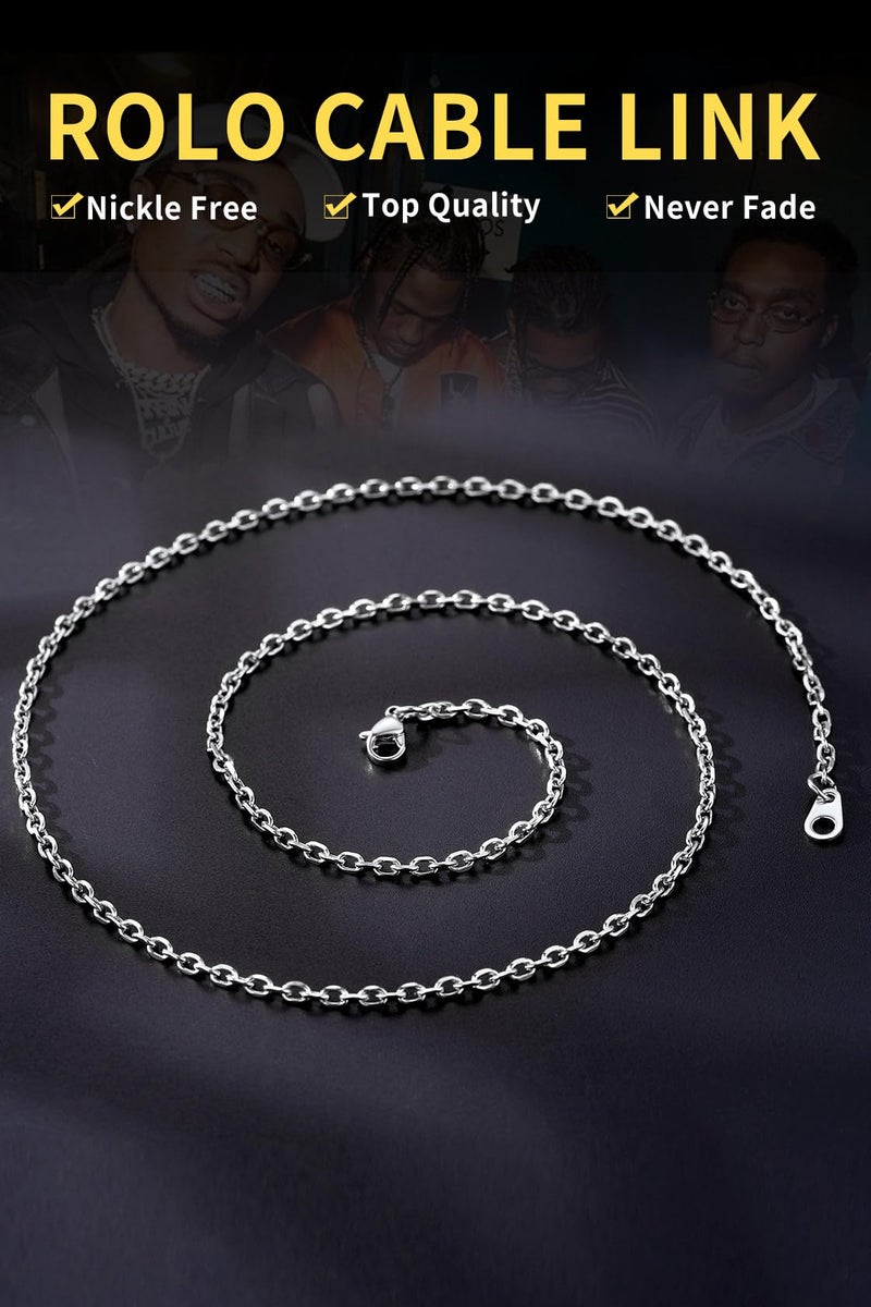 ChainsHouse Stainless Steel Cable Chain Necklace for Men, Rolo Cable Chain Cable Mens Chains Hip Hop Jewelry Gift 3mm 18" - Image 4