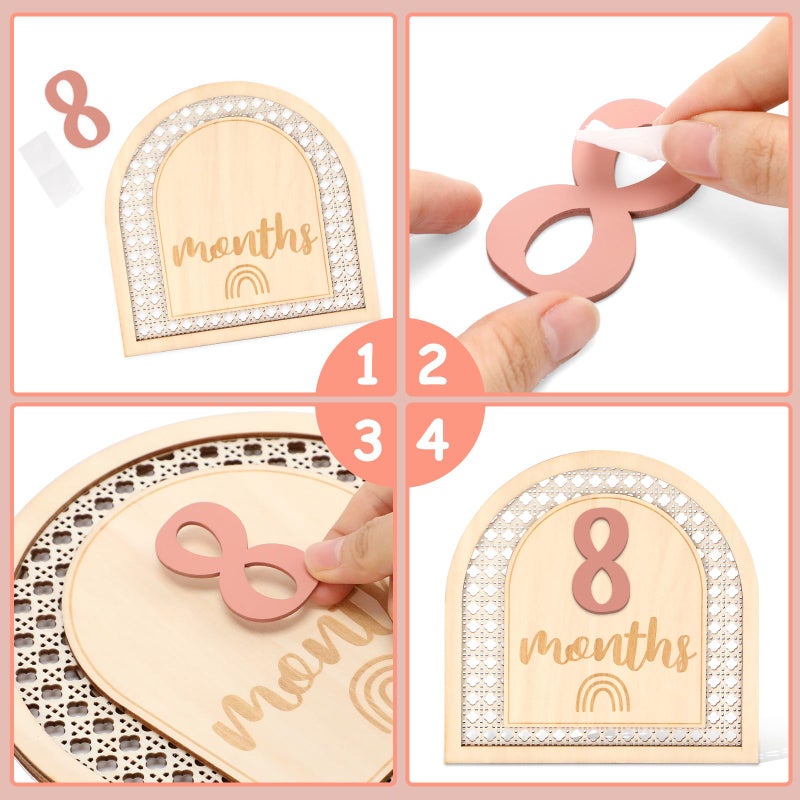 Huray Rayho Boho Rattan Monthly Photo Props Cards Wooden Bohemian Blocks Rainbow Interchangeable Photo Props with 11 Swappable Numbers Set of 12 for Baby Growth Record Baby Shower Plaques - Image 4