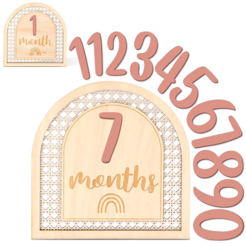 Huray Rayho Boho Rattan Monthly Photo Props Cards Wooden Bohemian Blocks Rainbow Interchangeable Photo Props with 11 Swappable Numbers Set of 12 for Baby Growth Record Baby Shower Plaques - Image 1