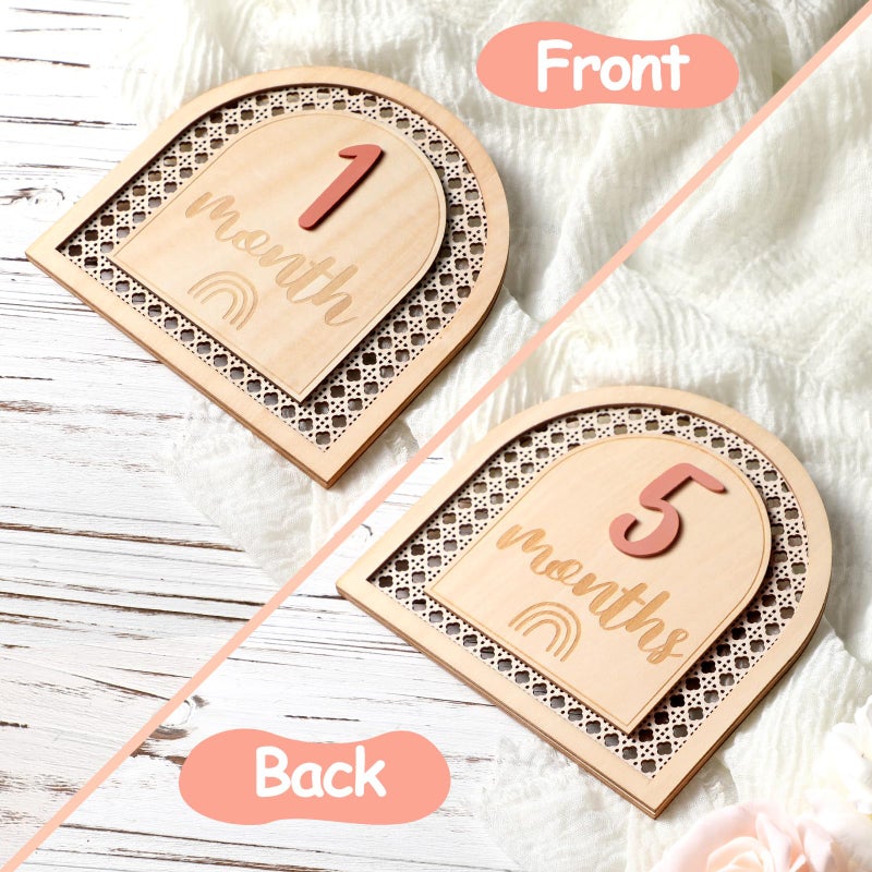 Huray Rayho Boho Rattan Monthly Photo Props Cards Wooden Bohemian Blocks Rainbow Interchangeable Photo Props with 11 Swappable Numbers Set of 12 for Baby Growth Record Baby Shower Plaques - Image 3