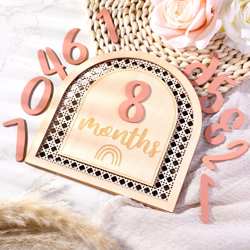 Huray Rayho Boho Rattan Monthly Photo Props Cards Wooden Bohemian Blocks Rainbow Interchangeable Photo Props with 11 Swappable Numbers Set of 12 for Baby Growth Record Baby Shower Plaques - Image 5