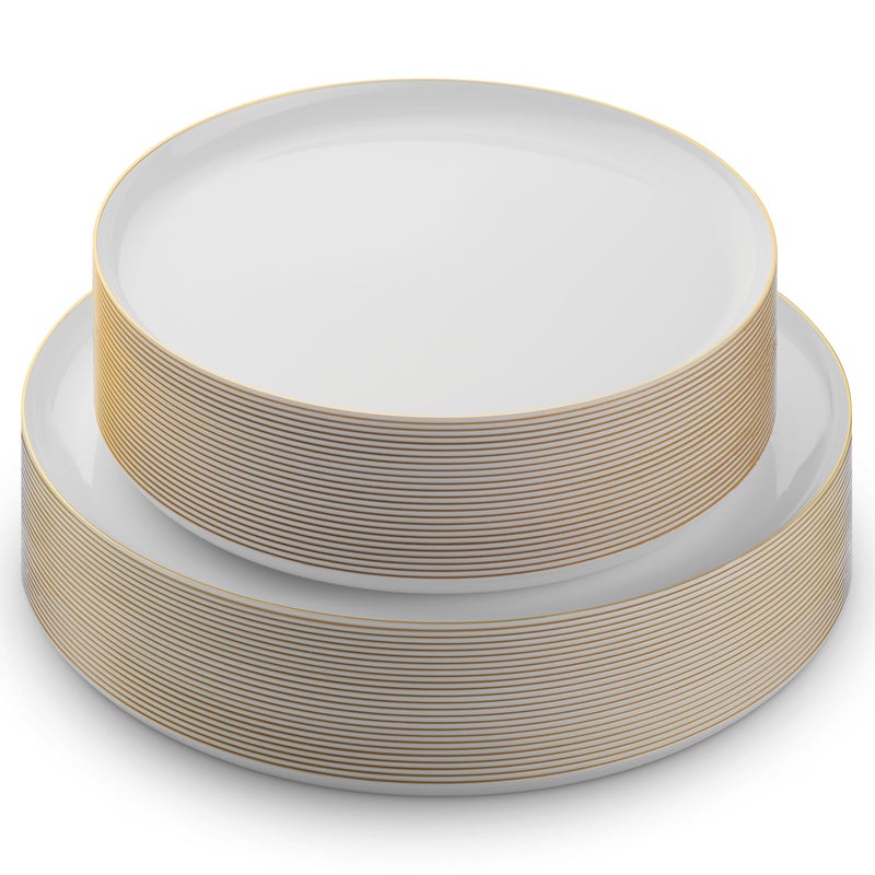 BloominGoods 50 PCS Disposable Plastic Plates For Party, 25 8.5 In. Appetizer Plates And 25 10.5 In. Dinner Plates, White With Gold Rim Plates For Wedding Or Event, Heavy Duty - Image 1