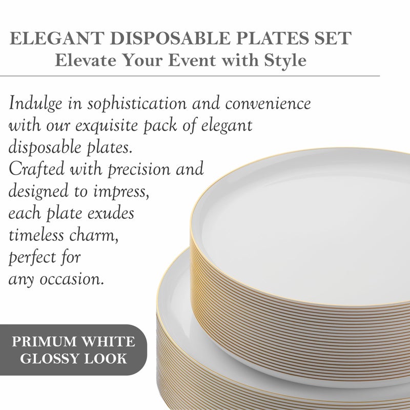 BloominGoods 50 PCS Disposable Plastic Plates For Party, 25 8.5 In. Appetizer Plates And 25 10.5 In. Dinner Plates, White With Gold Rim Plates For Wedding Or Event, Heavy Duty - Image 5
