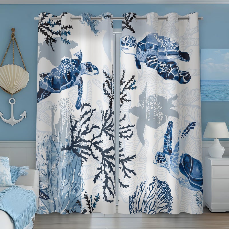 weesire Nautical Coastal Curtains Decorative Beach Ocean Sea Turtle Coral 50% Light Blocking Sea Darkening Grommet Curtain For Villa Living Room, Bedroom Navy Blue and White 2 Panels Set, 52x63 Inches - Image 3