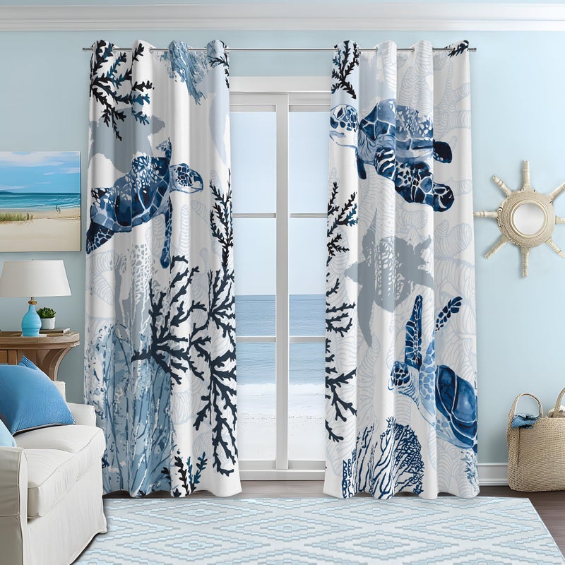 weesire Nautical Coastal Curtains Decorative Beach Ocean Sea Turtle Coral 50% Light Blocking Sea Darkening Grommet Curtain For Villa Living Room, Bedroom Navy Blue and White 2 Panels Set, 52x63 Inches - Image 1