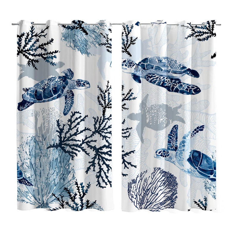 weesire Nautical Coastal Curtains Decorative Beach Ocean Sea Turtle Coral 50% Light Blocking Sea Darkening Grommet Curtain For Villa Living Room, Bedroom Navy Blue and White 2 Panels Set, 52x63 Inches - Image 4