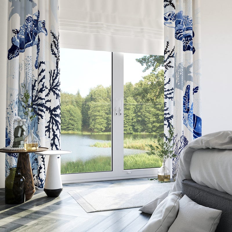 weesire Nautical Coastal Curtains Decorative Beach Ocean Sea Turtle Coral 50% Light Blocking Sea Darkening Grommet Curtain For Villa Living Room, Bedroom Navy Blue and White 2 Panels Set, 52x63 Inches - Image 5
