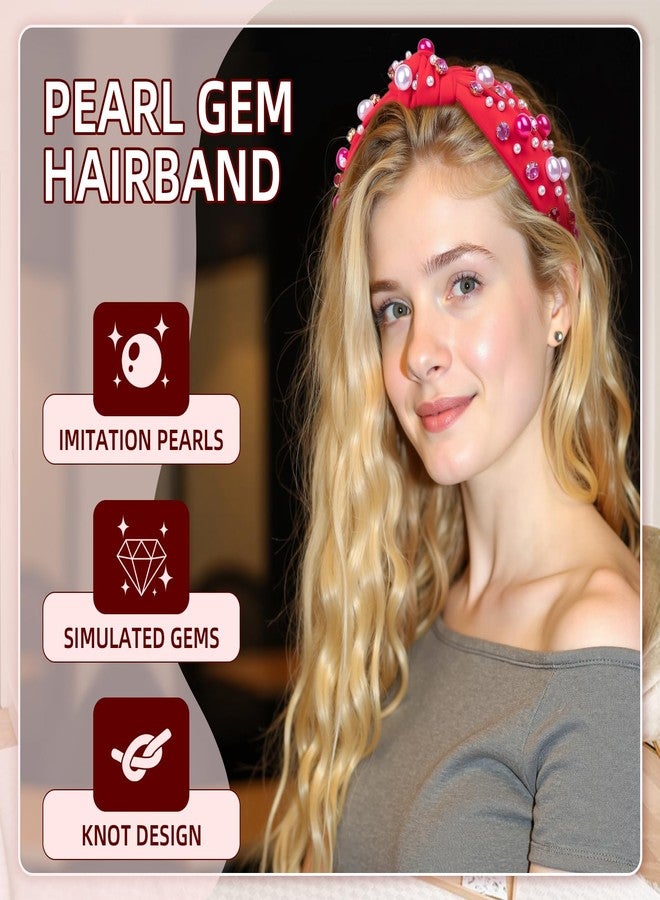 BLAAROOM Valentines Day Headband for Women Red Knotted Headbands with Pearl Rhinestone Jeweled Hairband Fashion Valentine Holiday Wide Head Band Hair Accessories Gifts for Girls Teen - Red - Image 2