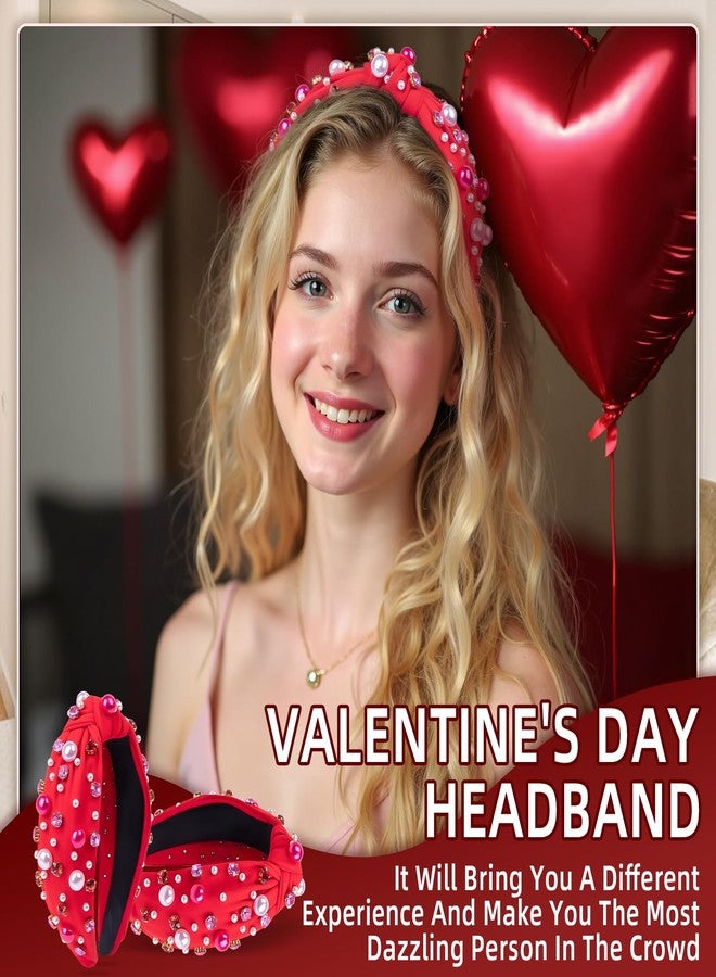 BLAAROOM Valentines Day Headband for Women Red Knotted Headbands with Pearl Rhinestone Jeweled Hairband Fashion Valentine Holiday Wide Head Band Hair Accessories Gifts for Girls Teen - Red - Image 5