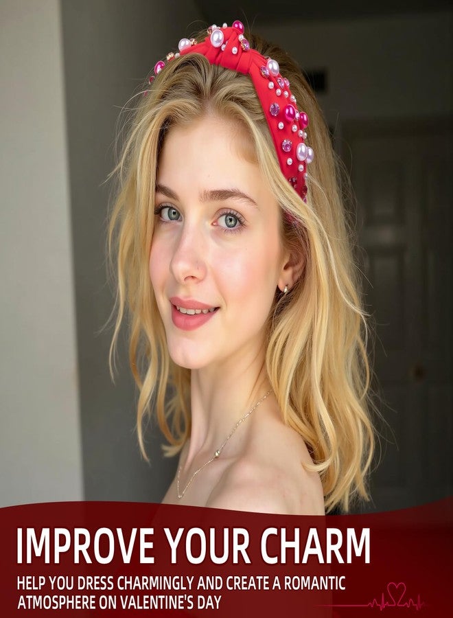 BLAAROOM Valentines Day Headband for Women Red Knotted Headbands with Pearl Rhinestone Jeweled Hairband Fashion Valentine Holiday Wide Head Band Hair Accessories Gifts for Girls Teen - Red - Image 4