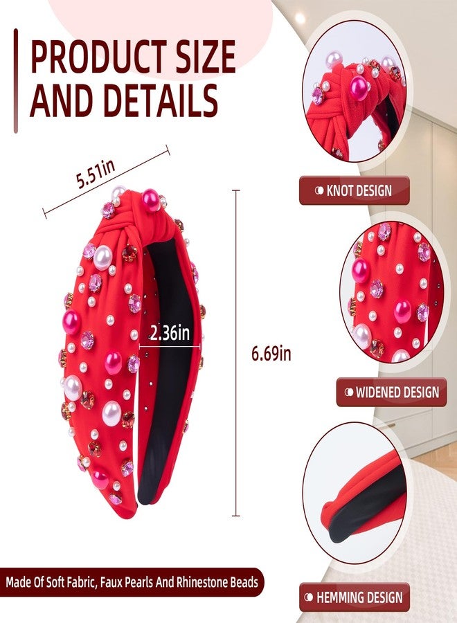 BLAAROOM Valentines Day Headband for Women Red Knotted Headbands with Pearl Rhinestone Jeweled Hairband Fashion Valentine Holiday Wide Head Band Hair Accessories Gifts for Girls Teen - Red - Image 3