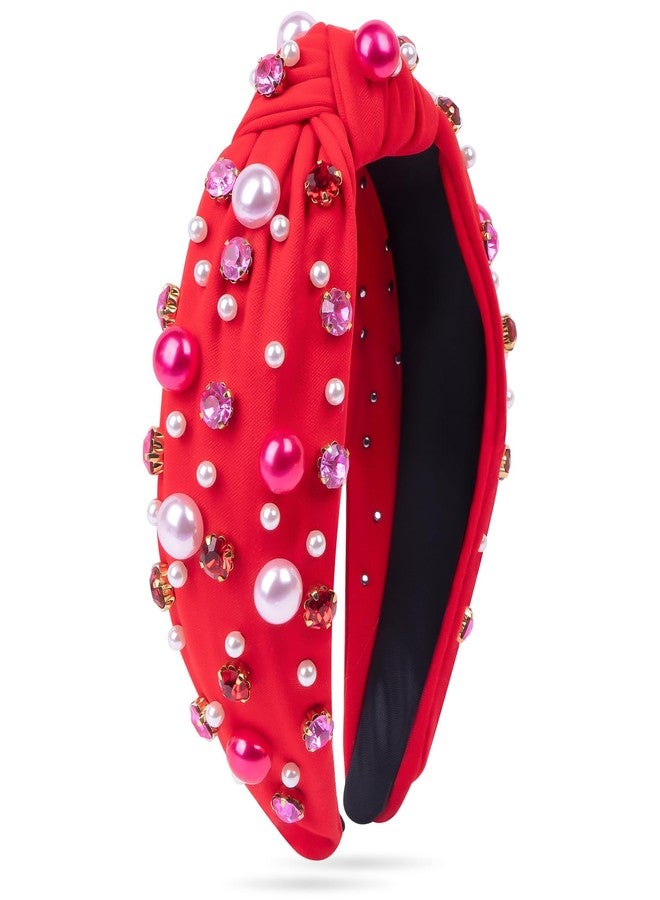 BLAAROOM Valentines Day Headband for Women Red Knotted Headbands with Pearl Rhinestone Jeweled Hairband Fashion Valentine Holiday Wide Head Band Hair Accessories Gifts for Girls Teen - Red - Image 1