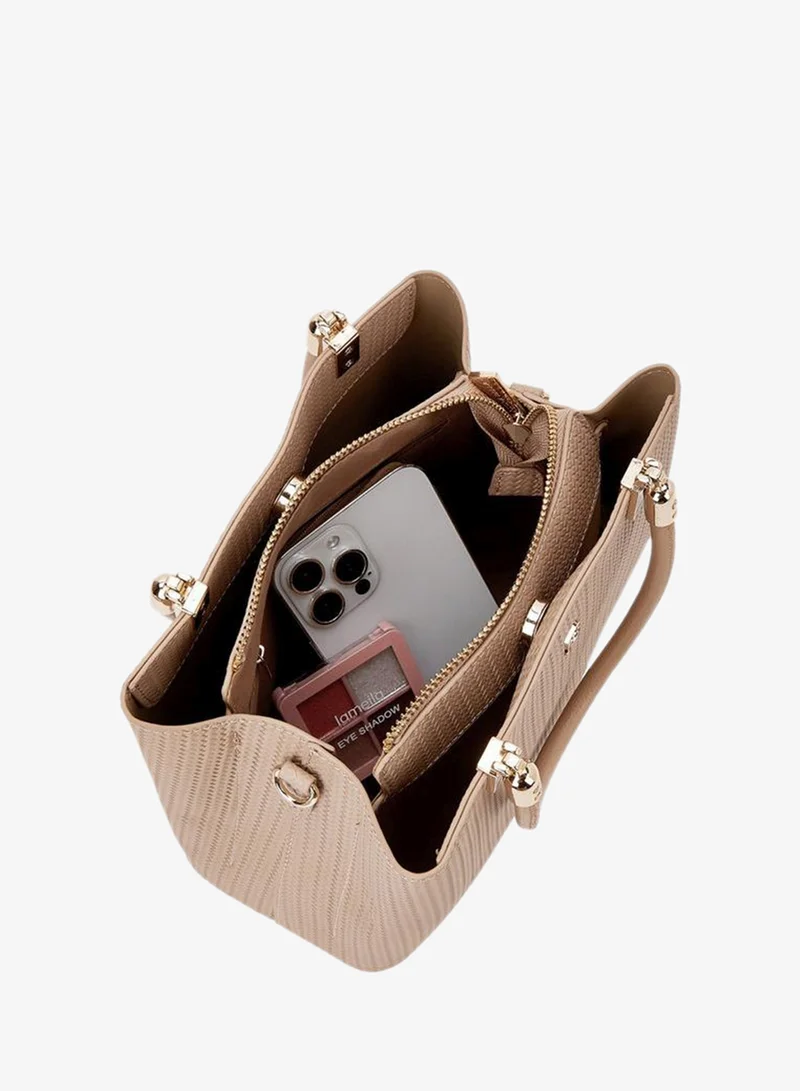 Flora Bella By Shoexpress BEIGE Textured Tote Bag with Detachable Strap for Women | Best Price UAE