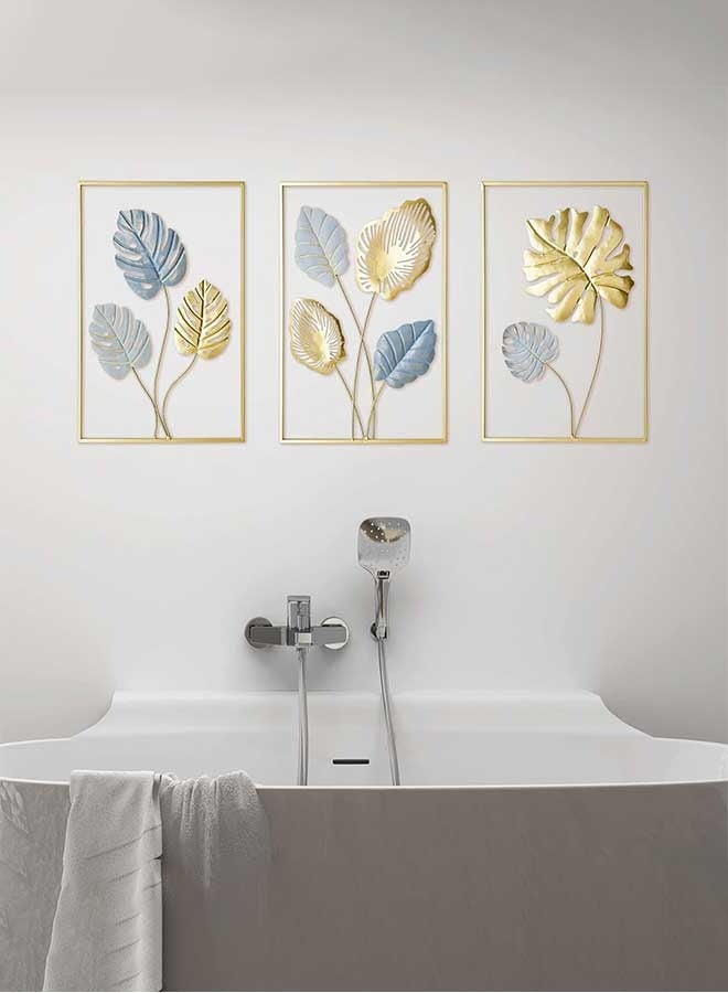 رَوَائِد ديكور جداري معدني ذهبي على شكل أوراق المونستيرا – طقم من 3 قطع، تعليقات جدارية عصرية لتزيين غرفة المعيشة أو غرفة النوم أو الحمام أو المكتب. - Image 2