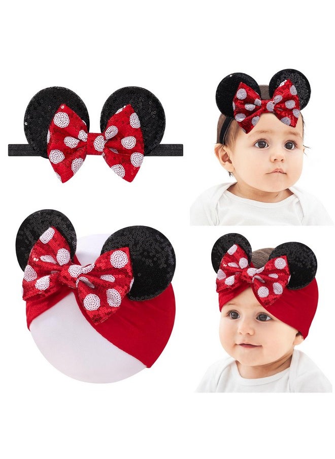 choicbaby choicbaby Baby Girl Headbands Mouse Ears Headwrap with Sequin Polka Dot Bow Soft Stretchy Nylon Hair Bands for Newborn Infant Baby Toddler Girls- Pack of 2  - Image 1