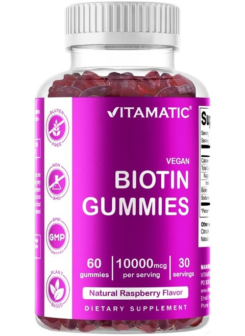 Vegan Biotin Gummies, Natural Raspberry, 10,000 mcg, 60 Gummies
