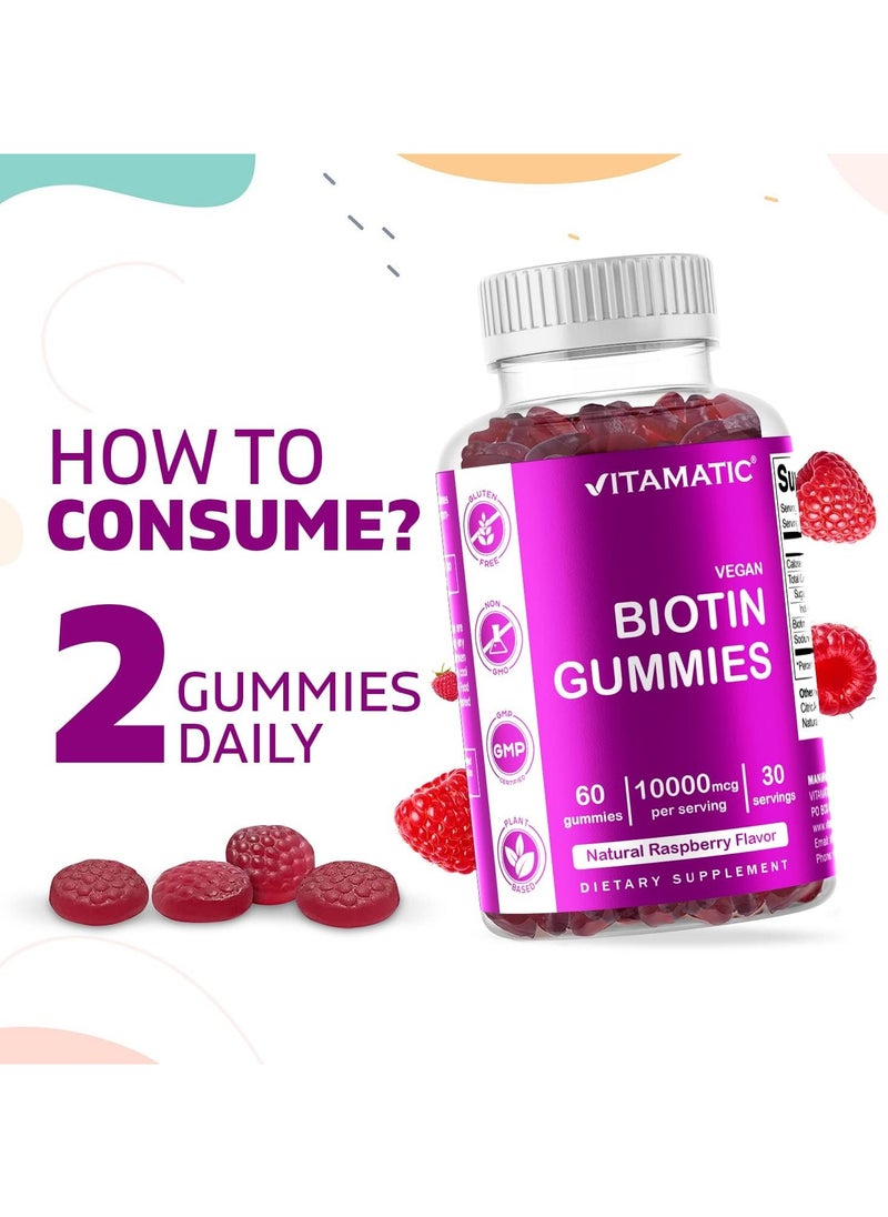 Vitamatic - Vegan Biotin Gummies, Natural Raspberry, 10,000 mcg, 60 Gummies - Image 1