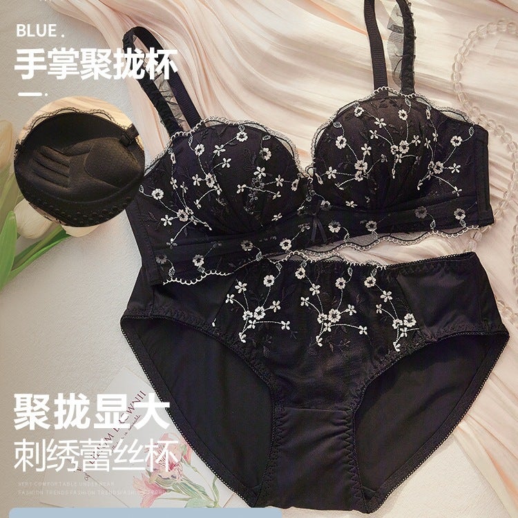 Small Breast Thickened Women'S Seamless No-Wire Push-Up Lace Seamless Push-Up Underwear Adjustable Bra Set - Image 1