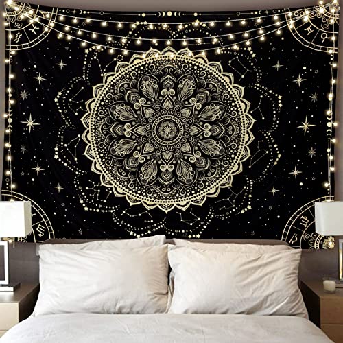 FLY SPRAY Black Golden Mandala Tapestry Astrology Space Wall Hanging Tapestries Wall tapestrys Large Aesthetic Hippie Decor Bohemian Art Boho Home Talestry for Bedroom,Living Room,Ceiling - Image 1