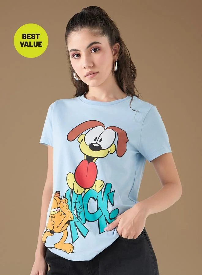 SP Characters Garfield Print Crew Neck T-shirt with Short Sleeves