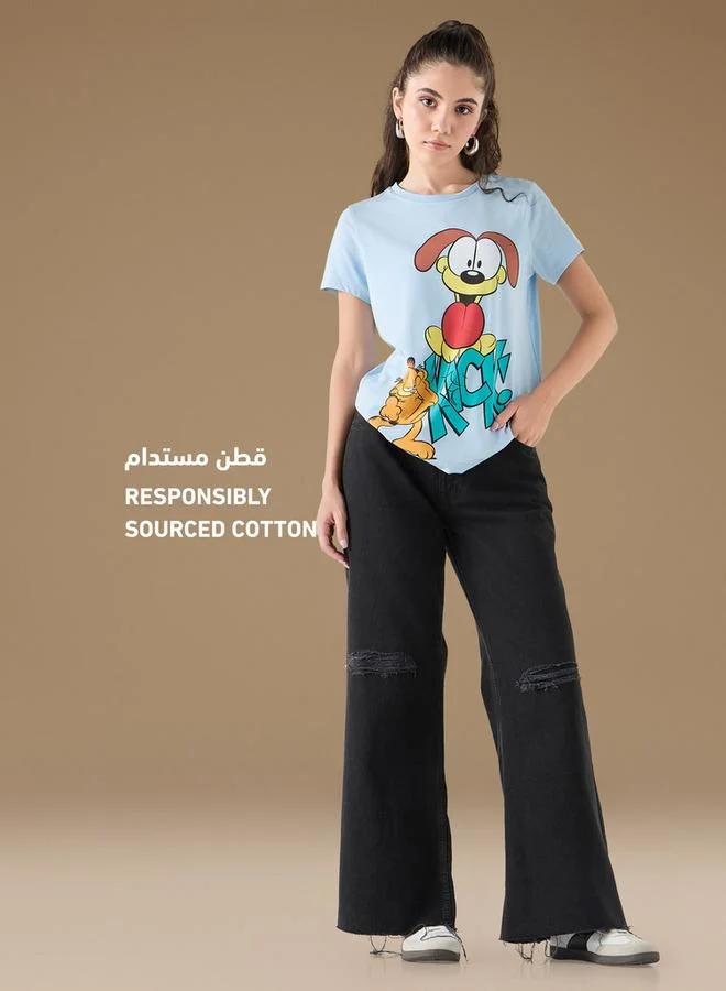 SP Characters Garfield Print Crew Neck T-shirt with Short Sleeves
