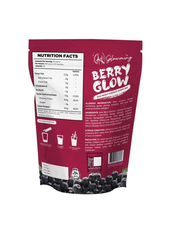 Glowming Berry Glow Acai Berry Powder Drink Mix 200g (10 Sachets) with Glutathione Marine Collagen L-Carnitine & Psyllium Husk – Stevia Sweetened Wellness Beverage - Image 2