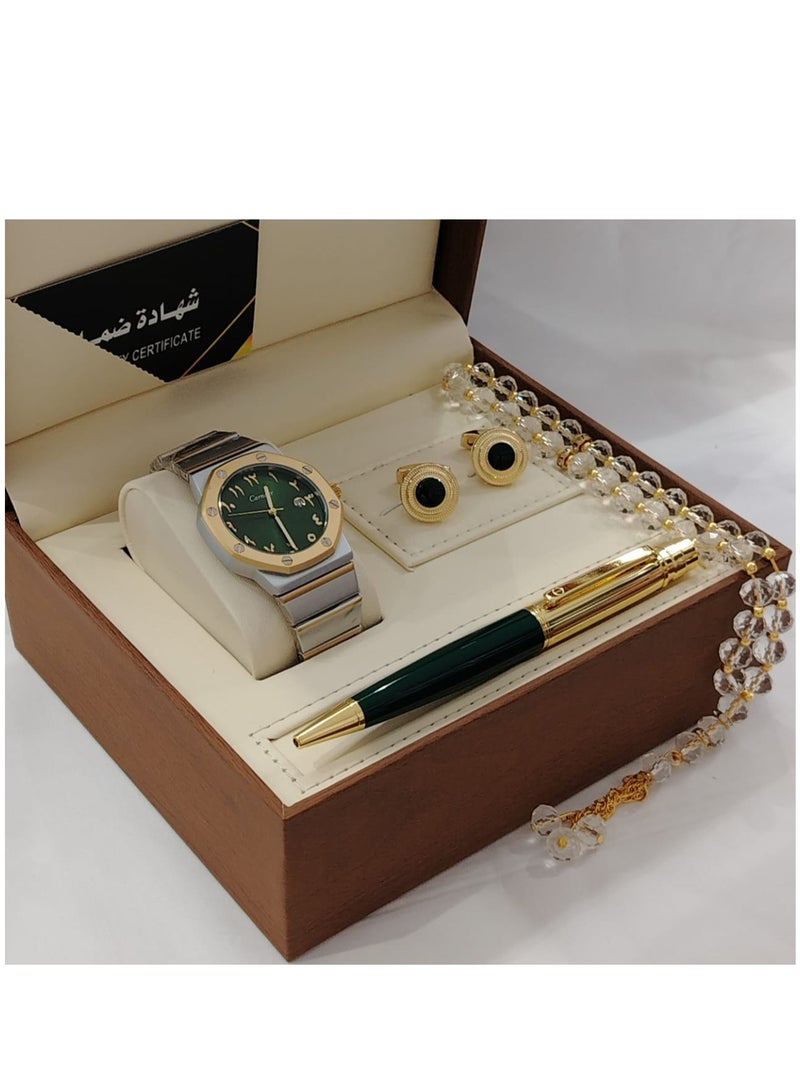 Generic 4-Piece Watch Gift Set for Men (Wristwatch with Pen, Set of Buttons and Rosary) 