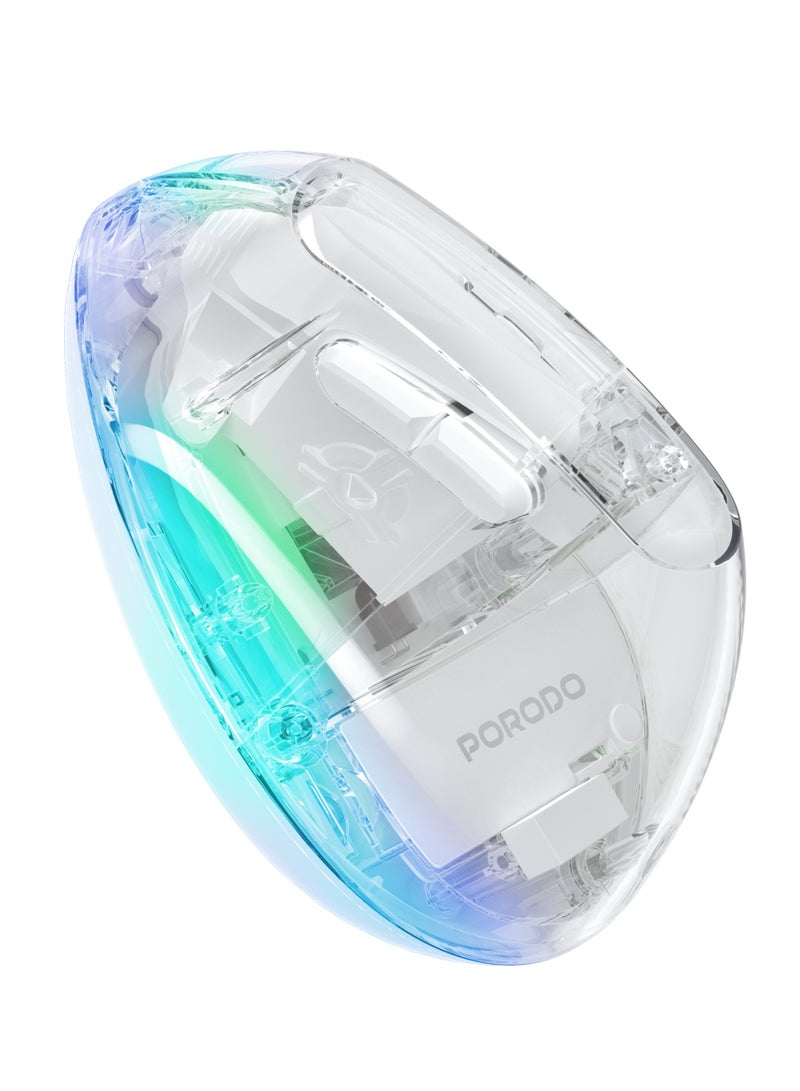 porodo Vertical Wireless Mouse 4800 DPI with Crystal Shell and 7 Buttons / Plug & Play / Dual Mode Connectivity / Rechargeable / Lightweight / Compact / Ergonomic Wireless Mouse - White - Image 1