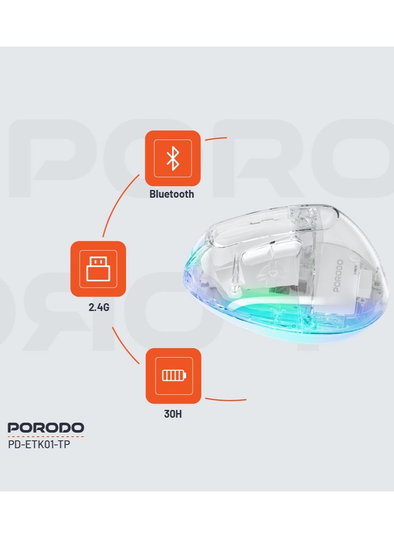 porodo Vertical Wireless Mouse 4800 DPI with Crystal Shell and 7 Buttons / Plug & Play / Dual Mode Connectivity / Rechargeable / Lightweight / Compact / Ergonomic Wireless Mouse - White - Image 2