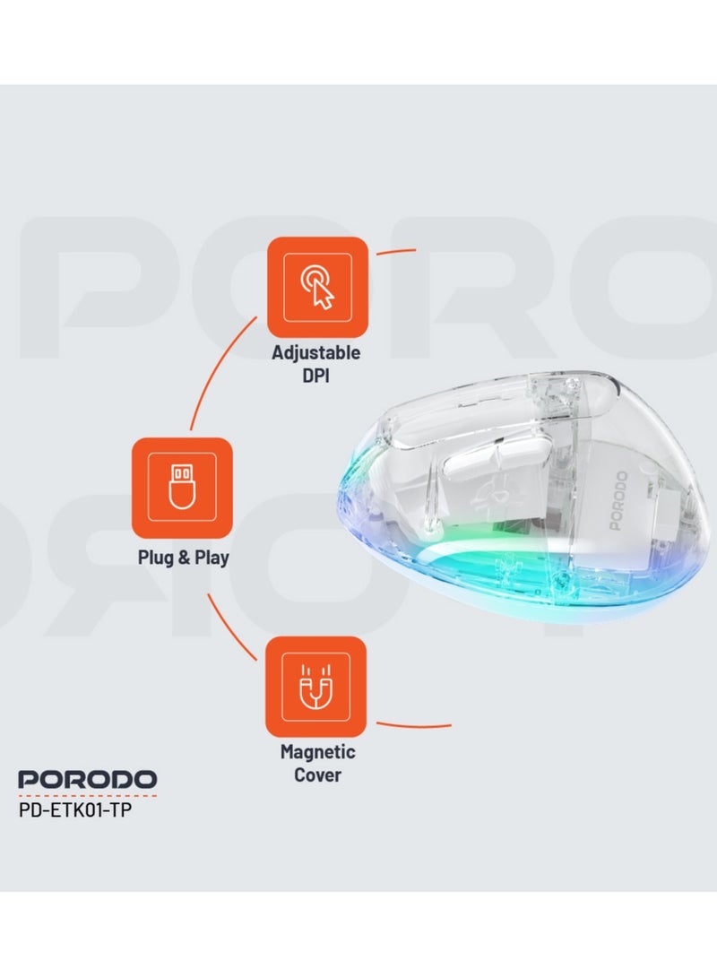 porodo Vertical Wireless Mouse 4800 DPI with Crystal Shell and 7 Buttons / Plug & Play / Dual Mode Connectivity / Rechargeable / Lightweight / Compact / Ergonomic Wireless Mouse - White - Image 3