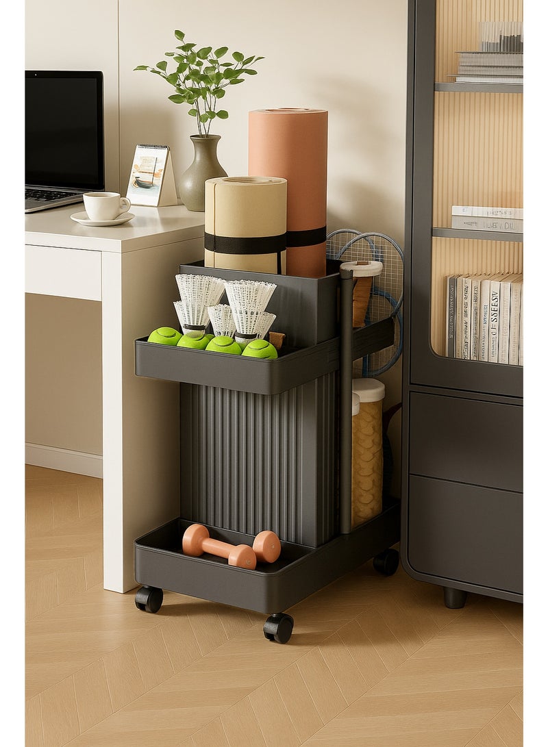 2-Tier Fitness Equipment Storage Cart with Wheels – Black Grey Rolling Organizer for Yoga Mats, Dumbbells, Balls and Rackets, Plastic Home Gym Rack - Image 1