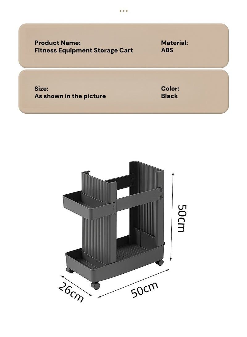 2-Tier Fitness Equipment Storage Cart with Wheels – Black Grey Rolling Organizer for Yoga Mats, Dumbbells, Balls and Rackets, Plastic Home Gym Rack - Image 2