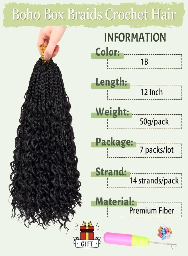 Dorsanee Goddess Box Braids Crochet Hair for Woman 12 Inch 7 Packs Short Pre-looped Crochet Box Braids Curly Ends Bohemian Hippie Braids Synthetic Braiding Hair Extension Natural Black 1B - Image 3