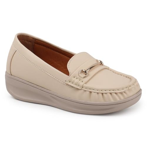 KRAFTER Chunky Slip-On Casual Comfort, Trendy Style, Easy Wear Loafers for Women & Girls-Beige-M047-37 - Image 1