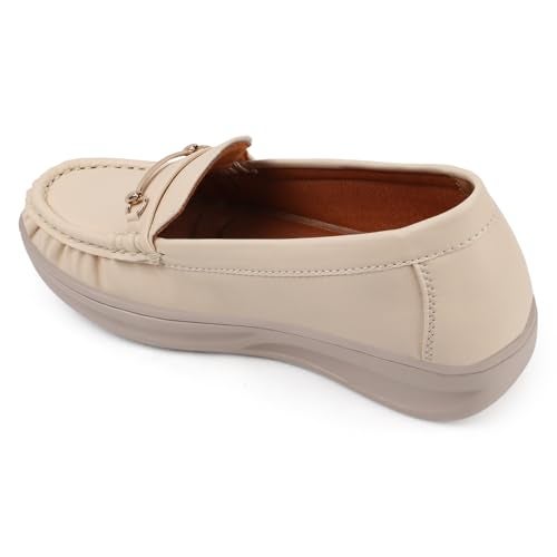 KRAFTER Chunky Slip-On Casual Comfort, Trendy Style, Easy Wear Loafers for Women & Girls-Beige-M047-37 - Image 3