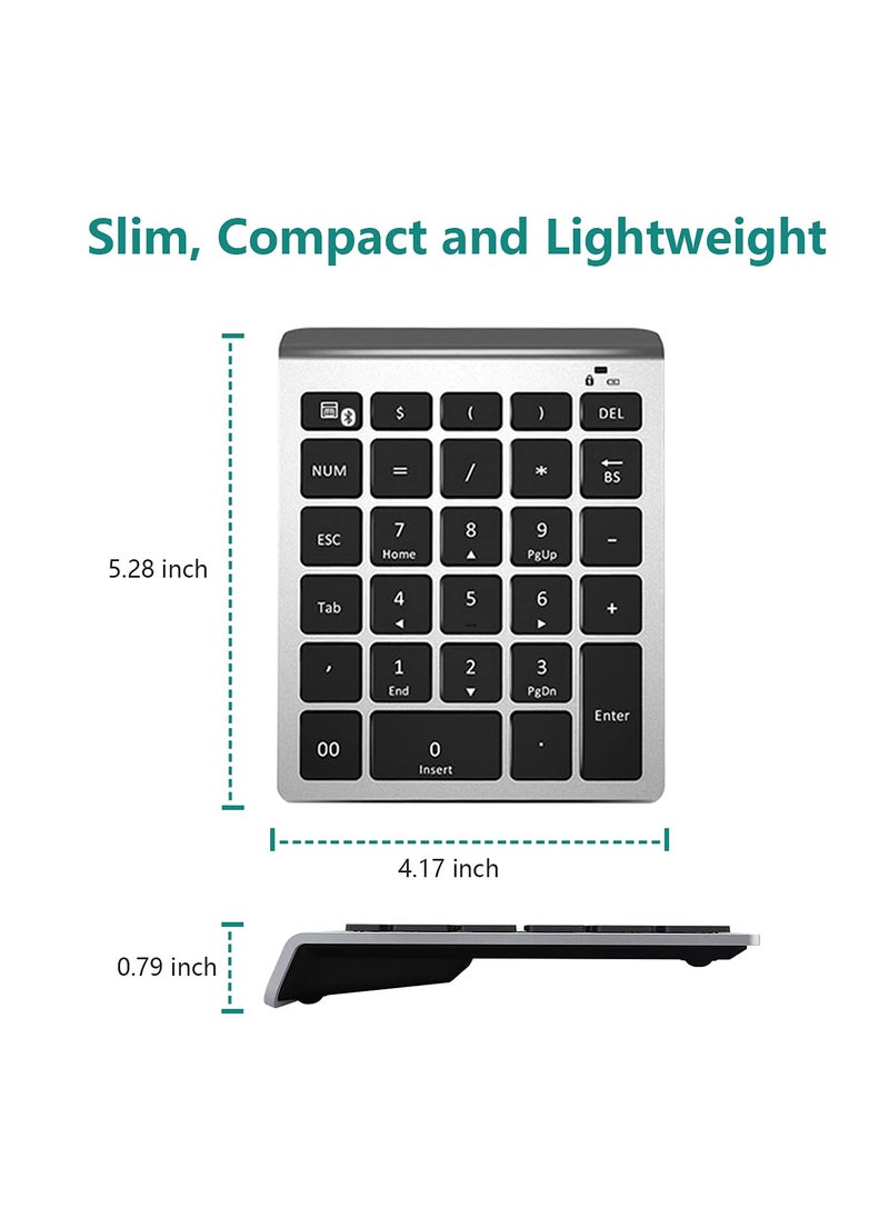 Lekvey Bluetooth Number Pad, 10 Keys Numeric Keypad Portable Wireless Bluetooth Keypad : 28-Key Numpad Extensions for Financial Accounting Data Entry for Laptop Surface Pro Tablets Windows, Silver