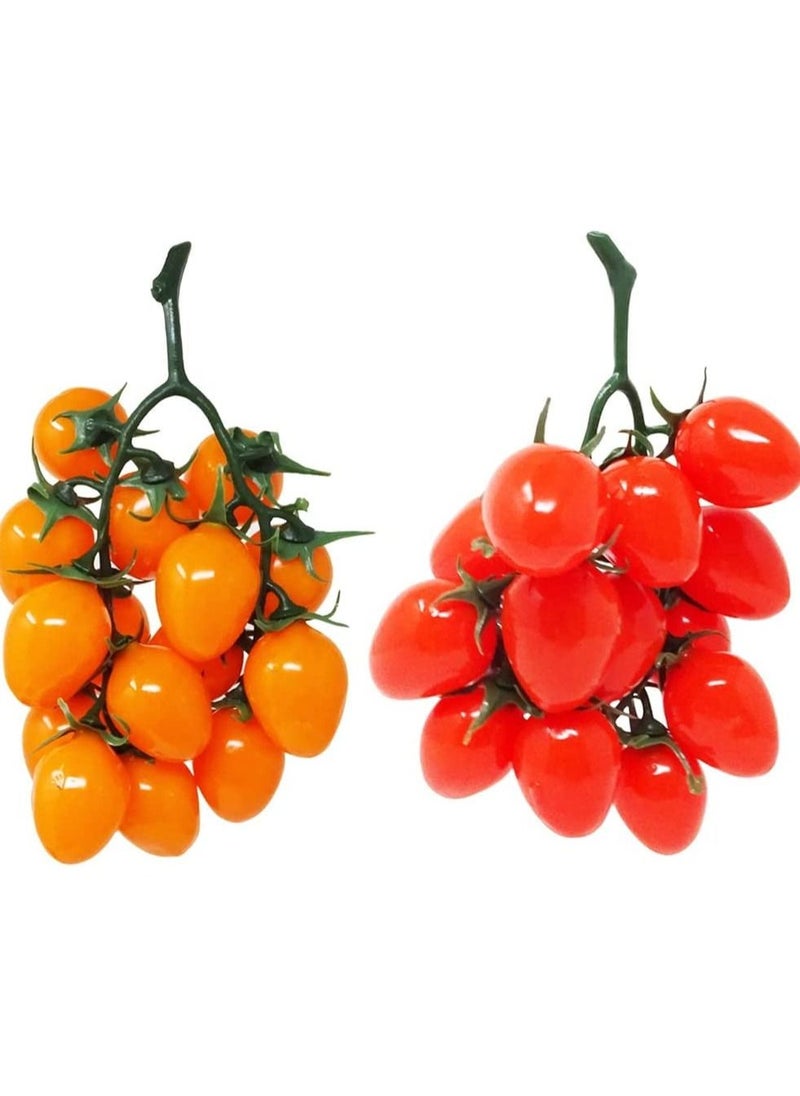 SYOSI 2 Pcs Artificial Cherry Tomatoes, Fake Red Cherry Tomato Artificial Fruit Plastic Lifelike Simulation House Kitchen Party Decoration, Display Props (16 Grain, Red and Yellow)  - Image 1