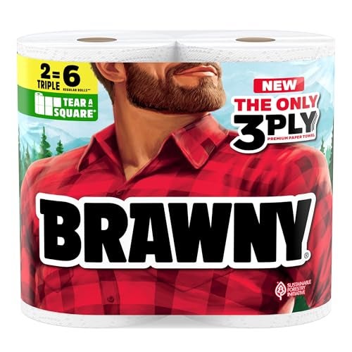 Brawny Tear-A-Square 3-Ply Paper Towels, 2 Triple Rolls = 6 Regular Rolls, Strong, Absorbent, and Durable with 3 Sheet Sizes (Quarter, Half, Full) - Image 1