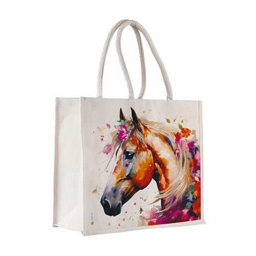 Sangra Unisex Large Cotton Canvas Reusable Bags for Travel, Grocery Shopping Bag, Multi-Purpose Bag, Sturdy Handle With Zipper Lock (20 inch X17 inch X7 Inch) (Horse) - Image 1