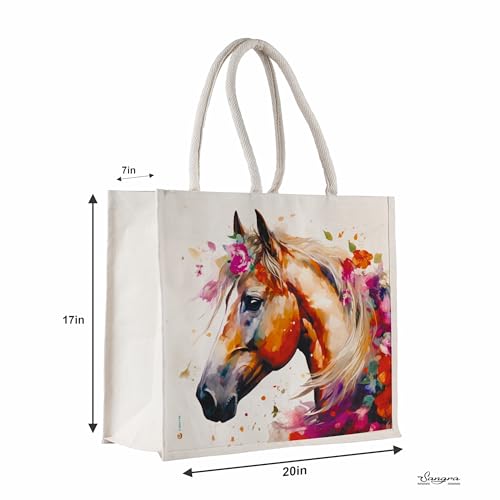 Sangra Unisex Large Cotton Canvas Reusable Bags for Travel, Grocery Shopping Bag, Multi-Purpose Bag, Sturdy Handle With Zipper Lock (20 inch X17 inch X7 Inch) (Horse) - Image 3