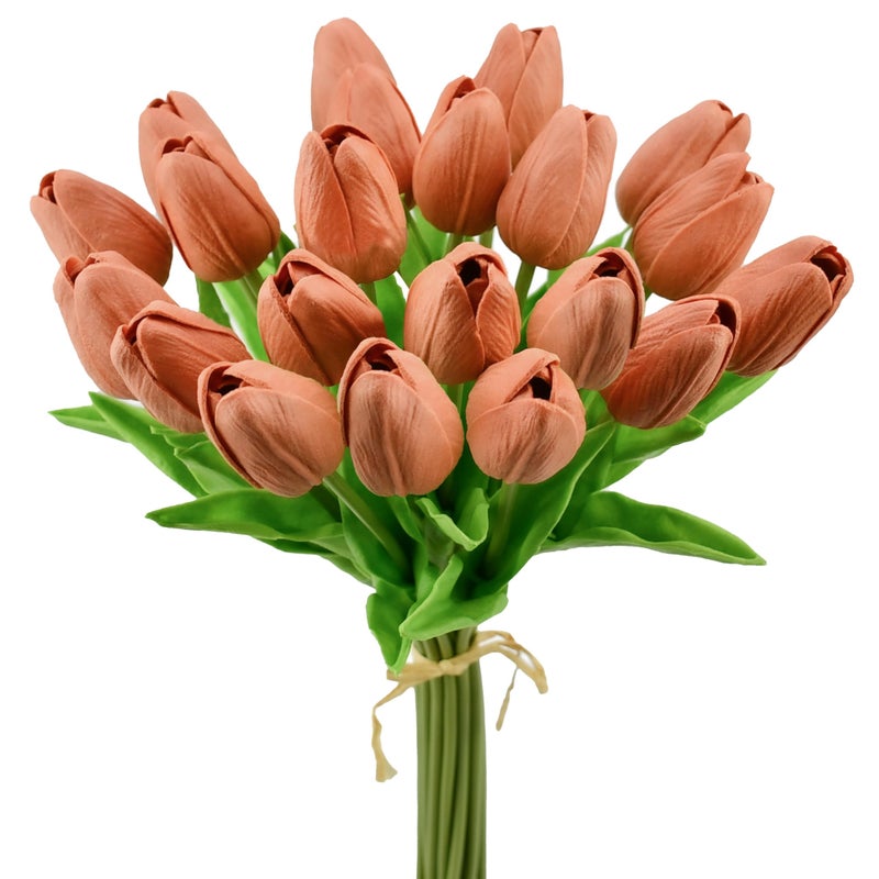 Mandy's Artificial Tulips 20 Stems Dark Orange PU Faux Flowers for Valentine's Day and Easter Decorations Wedding Home Decor 13.5 Inch - Image 1