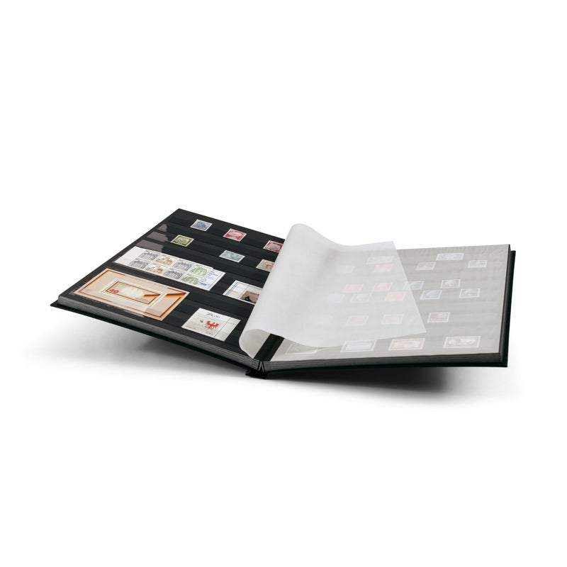 LIGHTHOUSE â€“ â€œBASICâ€ Hard Cover Stockbook for Stamps â€“ 32 Black Cardstock 9â€x12â€ (A4) Pages with Clear Strips - Black - Image 2