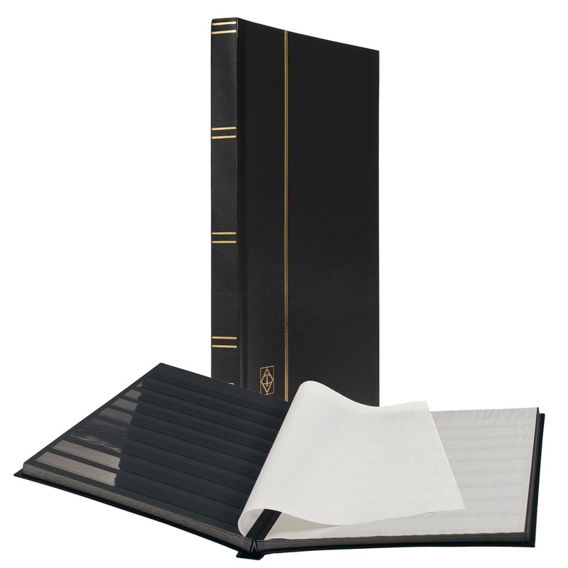 LIGHTHOUSE â€“ â€œBASICâ€ Hard Cover Stockbook for Stamps â€“ 32 Black Cardstock 9â€x12â€ (A4) Pages with Clear Strips - Black - Image 1
